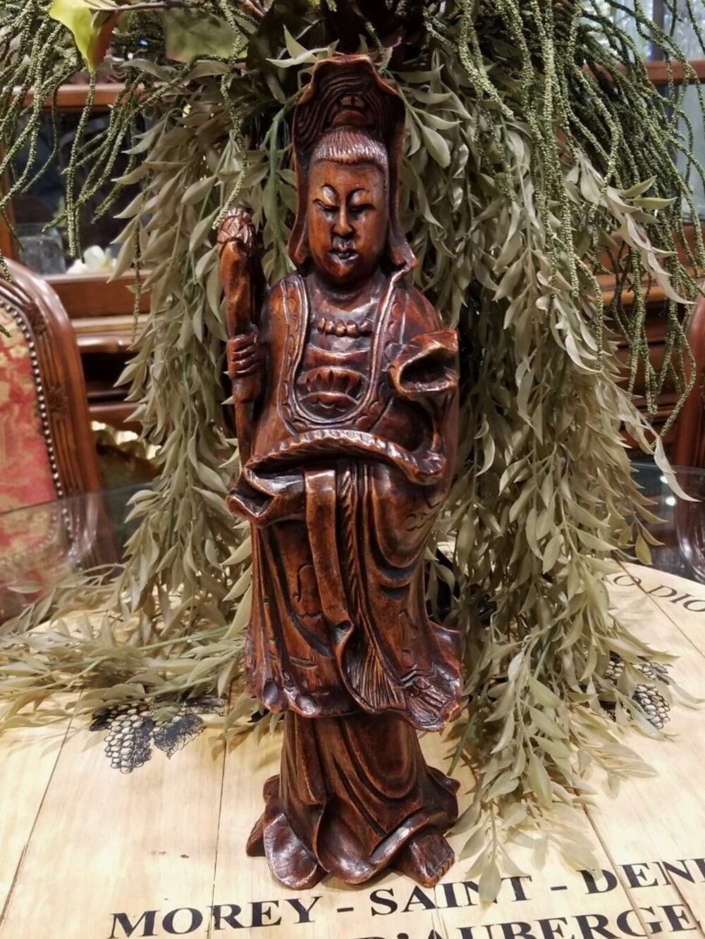 Vintage Hand Carved Wood Goddess Kwan Yin Lotus Statue 14.25" High